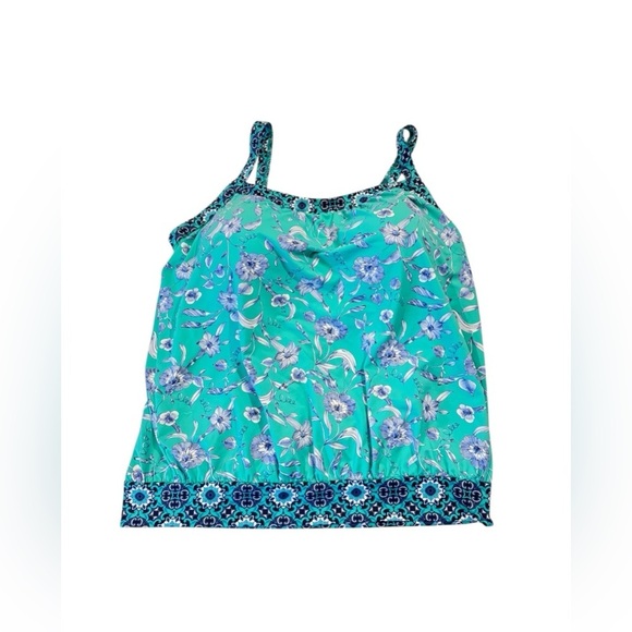 Lands' End Navy Green 14 DDD-Cup Chlorine Resistant Blouson Tankini Swimsuit Top - Picture 1 of 9